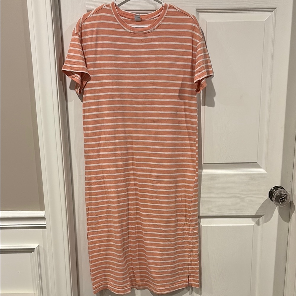 Old Navy Peach & White Striped Midi T-Shirt Dress